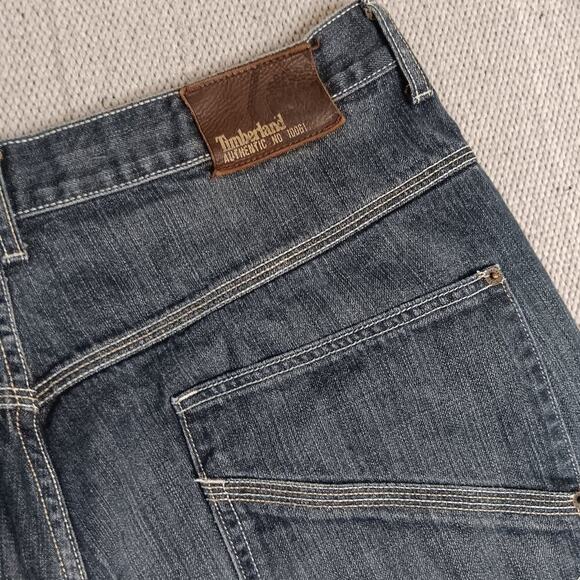 Timberland Denim Shorts Mens 39 Dark Wash Whiskered Baggy Y2K Embroidered - Picture 8 of 14